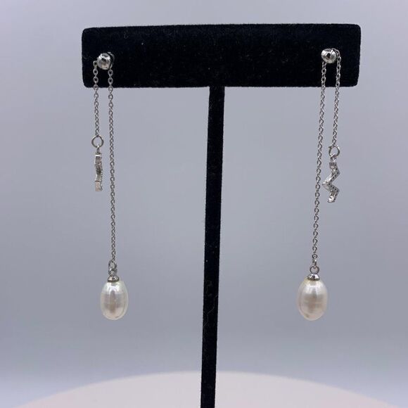 Earrings, NWOT, adjustable length, double drop, real pearl, charm with crystals - Picture 1 of 11